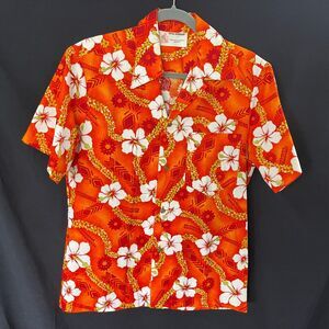 Royal Hawaiian Aloha Shirt Vtg Orange White Hibiscus No Size Tag